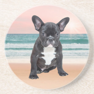 Schattige Franse Bulldog Strand Zon Water Zandsteen Onderzetter