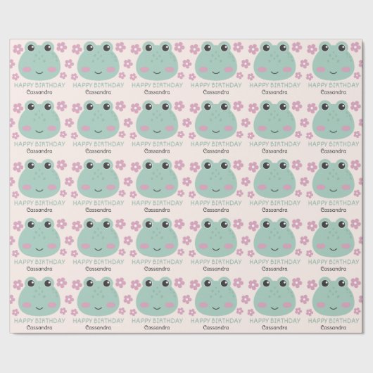 Schattige Frog Face Flower Naam Kids Verjaardag Cadeaupapier (Zoom)