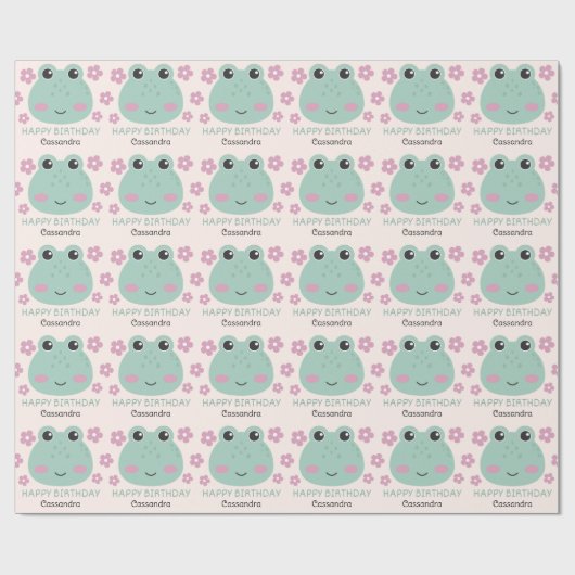 Schattige Frog Face Flower Naam Kids Verjaardag Cadeaupapier (Vlak)