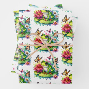 Schattige Frog op een Lily Pad en Flowers Verjaard Inpakpapier Vel