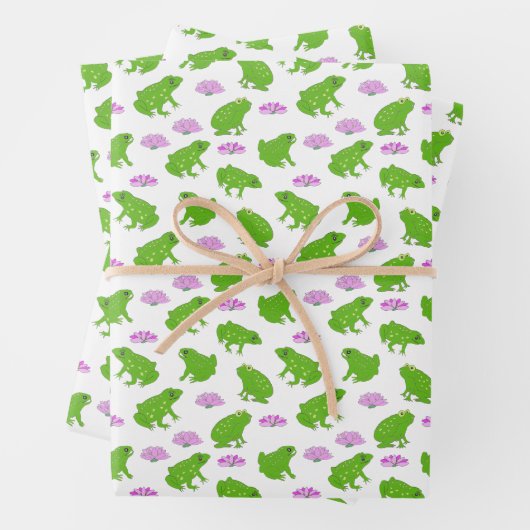 Schattige Frogs Lily Pads Roze en Groene Doodle Ar Inpakpapier Vel (In situ)