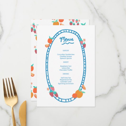 Schattige Fruit CUSTOM Bruids Baby shower Trouwfee Menu (Voorkant / Achterkant in situ)