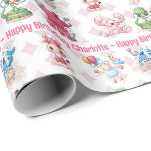 Schattige Fun Girl's Birthday Naam toevoegen Leeft Cadeaupapier