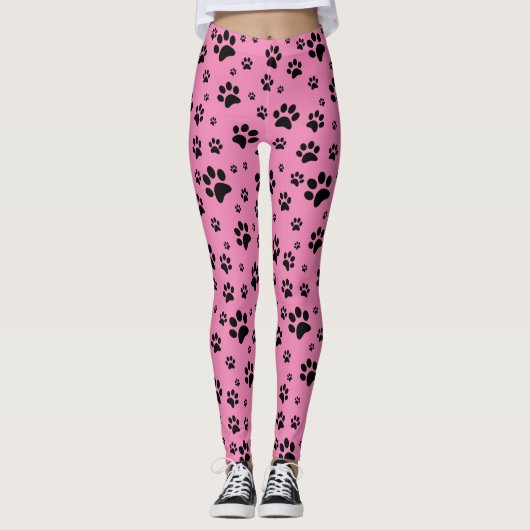 Schattige Fun Zwart op Roze Poot Prints Leggings (Voorkant)