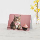 Schattige Funny Humor Roze Gefeliciteerd Cat Kaart (Gele Bloem)