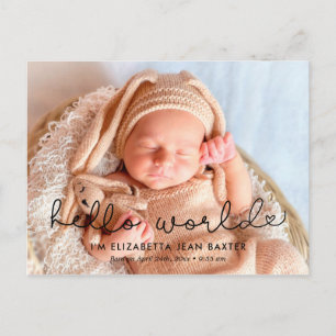Schattige geboorteaankondigingsfoto - Hallo wereld Briefkaart