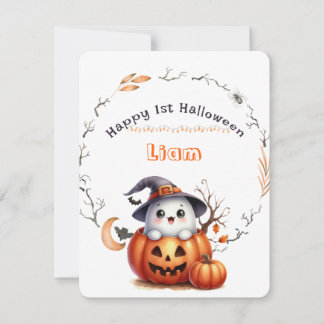 Schattige Geest Pompoen Jongen Gelukkig 1e Hallowe Feestdagenkaart