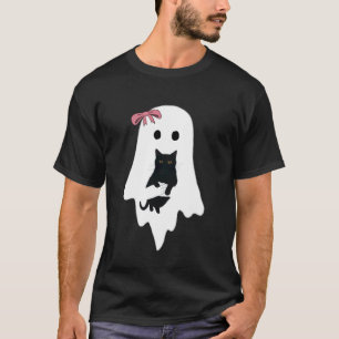 Schattige Geest Zwarte Kat Roze Strik Grappige Vin T-shirt