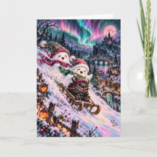 Schattige geesten en Krampus sleeën onder het noor Feestdagen Kaart