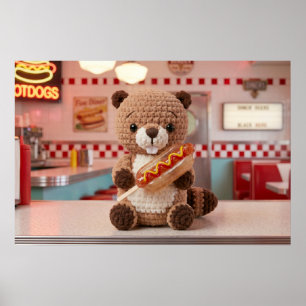 Schattige Gehaakte Bever in Diner Glas Hotdog Poster
