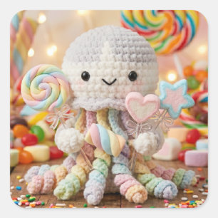 Schattige Gehaakte Octopus en Snoep Land Vierkante Sticker