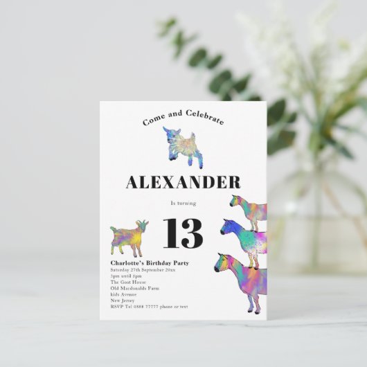 Schattige geitendier thema verjaardagsfeest uitnodiging briefkaart (Staand voorkant)
