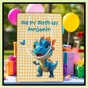 Schattige Gele Gingham Blauwe Dinosaur Boy Verjaar Medium Cadeauzakje