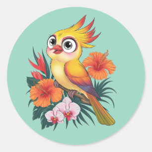 Schattige gele vogeltjes met bloemen ronde sticker