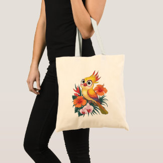 Schattige gele vogeltjes met bloemen tote bag