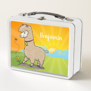 Schattige gelukkige alpaca met vlinder cartoon