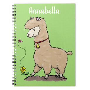 Schattige gelukkige alpaca met vlinder cartoon notitieboek