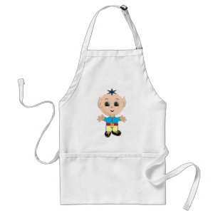 Schattige gelukkige baby elf in blauwe en gele kle standaard schort