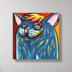 Schattige Gelukkige Blauwe Kat Digitale Oliepastel Canvas Afdruk