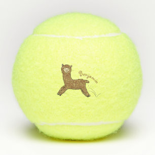 Schattige gelukkige bruine alpaca cartoon tennisballen
