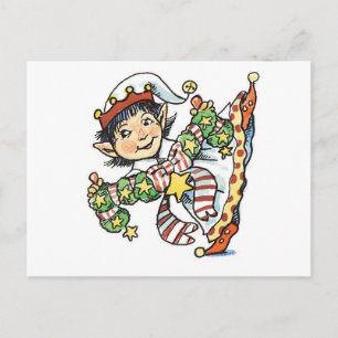 Schattige Gelukkige Elf Dansend, Retro Kerst Carto Feestdagenkaart