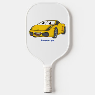 Schattige gelukkige gele sportwagen cartoon pickleball paddle
