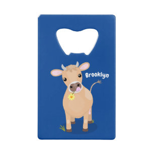 Schattige gelukkige jersey koe en bloem cartoon kredietkaart flessenopener