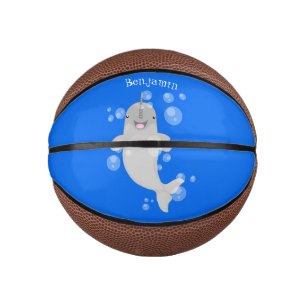 Schattige gelukkige narwal bubbels cartoon illustr basketbal