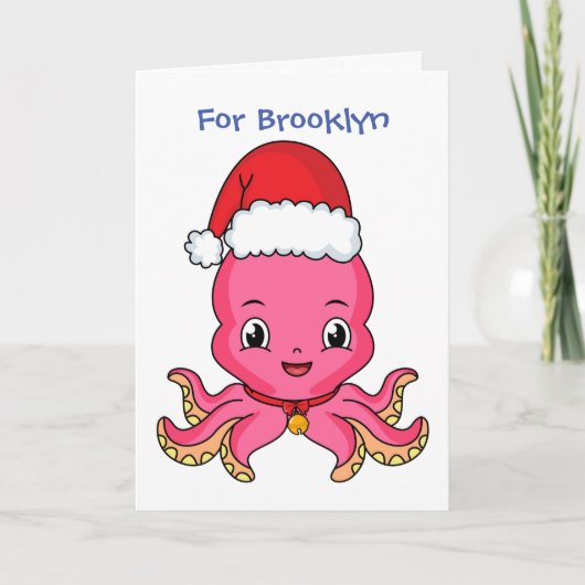 Schattige gelukkige octopus met kerstmuts cartoon kaart (Voorkant)
