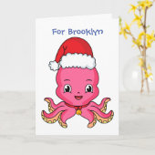 Schattige gelukkige octopus met kerstmuts cartoon kaart (Gele Bloem)