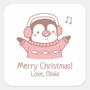 Schattige Gelukkige Pinguïn in Trui, Prettig Kerst Vierkante Sticker