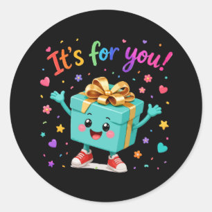 Schattige Gelukkige Teal Geschenkdoos Verrassing Ronde Sticker