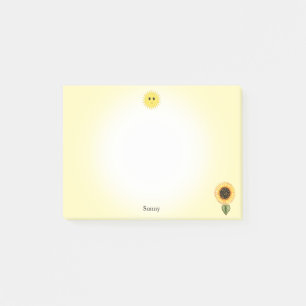 Schattige gelukkige zon en zonnebloem op gele acht post-it® notes