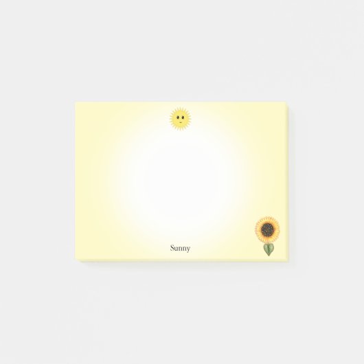 Schattige gelukkige zon en zonnebloem op gele acht post-it® notes (Voorkant)