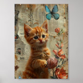 Schattige gemberkitten met garenblauwe vlinder poster (Voorkant)