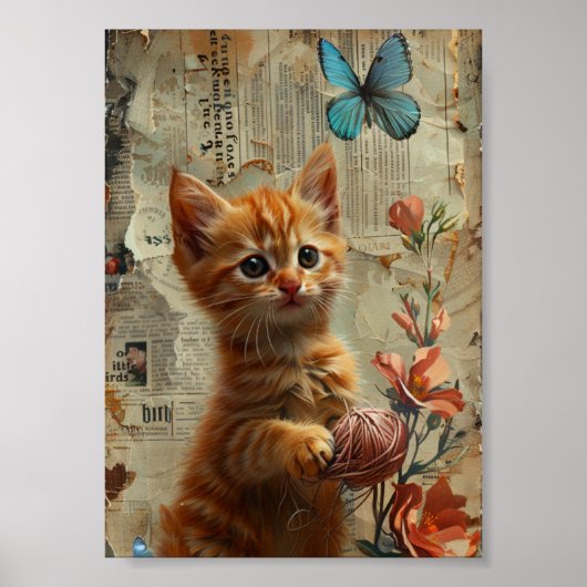 Schattige gemberkitten met garenblauwe vlinder poster (Voorkant)