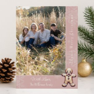 Schattige Gemberkoek Man Roze Fotokaart Feestdagenkaart