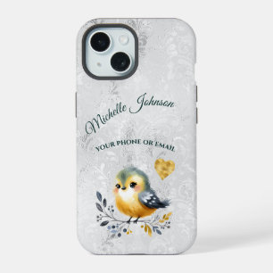 Schattige gepersonaliseerd folk vogel & hart telef iPhone 15 hoesje