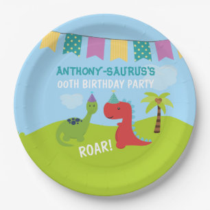 Schattige gepersonaliseerde dinosaurus thema feest papieren bordje