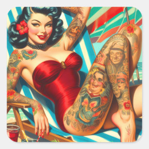 Schattige getatoeëerd zwempak pin-up vierkante sticker