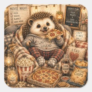 Schattige Gezellige Filmavond Egel Watercolor Kuns Vierkante Sticker