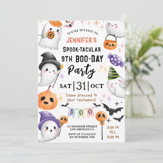 Schattige Ghost Spooktacular Halloween 9e verjaard Kaart (Staand voorkant)