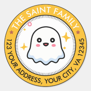 Schattige Ghost Yellow Halloween Retouradres Ronde Sticker