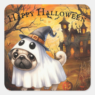 Schattige Ghostie Pug Aanpasbare Halloween Vierkante Sticker