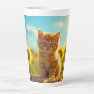 Schattige Ginger Kitten op het gebied van zonneblo Latte Mok