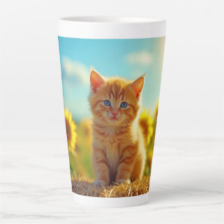 Schattige Ginger Kitten op het gebied van zonneblo Latte Mok