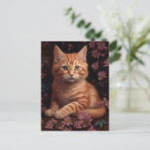 Schattige Ginger Kitten Pink Flowers Briefkaart (Staand voorkant)