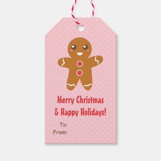 Schattige Gingerbread Man Christmas Pink Gift Labe Cadeaulabel (Voorkant)