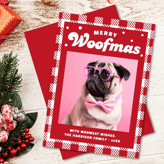 Schattige Gingham Pattern Merry Woofmas Feestdagenkaart