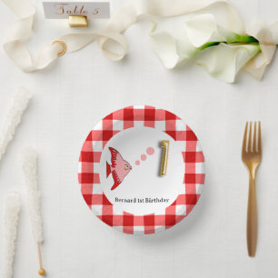 Schattige Gingham, Rode Vis & Ballon 1e Verjaardag Papieren Kommen